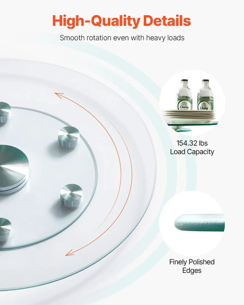 Close-up of 24 Inch Glass Lazy Susan Turntable With 6 Rotating Wheels showing load capacity and polished edges