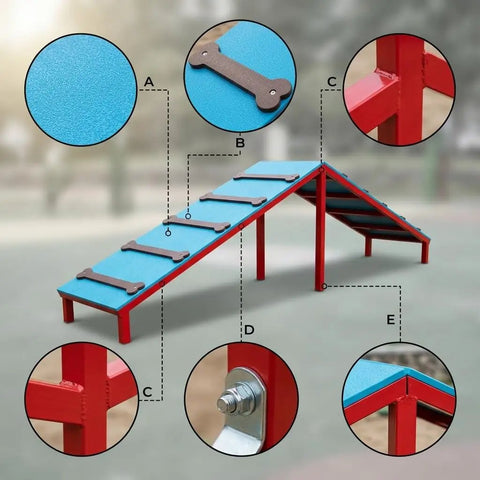 Doggie Dynamo Agility Training Set Outdoor Hurdles And Tunnel Obstacle Course red frame close-up, blue surface detail, 180x100x110cm