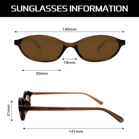 Retro Oval Sunglasses For Women With Cat Eye 90s Vibe Lightweight Narrow Frames UV Protection Sun Glasses Trendy Sunnies For Everyday Wear All Day Comfort Fit, measurements displayed