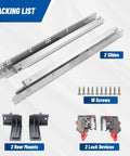 Packing list of Undermount Soft Close Drawer Slides for 21 Inch Drawers, including two slides, screws, rear mounts, and lock devices.