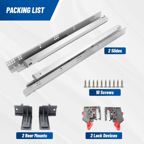 Packing list of Undermount Soft Close Drawer Slides for 21 Inch Drawers, including two slides, screws, rear mounts, and lock devices.