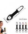 Durable Silicone Water Bottle Holder With Carabiner Clip And Key Ring Fits 12 To 25 Oz Bottles Elastic Strap For Hiking Camping Cycling Travel Must Have Gear For Any Outdoor Adventure Five Pack Assorted Colors shown in dimensions with a woman holding a water bottle.