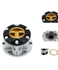 Heavy Duty Mechanical Wheel Locking Hubs Fits Suzuki Samurai Jimny Vitara Escudo With 26 Spline Reinforced Bearings, top view with gold and black design.