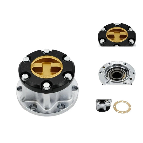 Heavy Duty Mechanical Wheel Locking Hubs Fits Suzuki Samurai Jimny Vitara Escudo With 26 Spline Reinforced Bearings, top view with gold and black design.