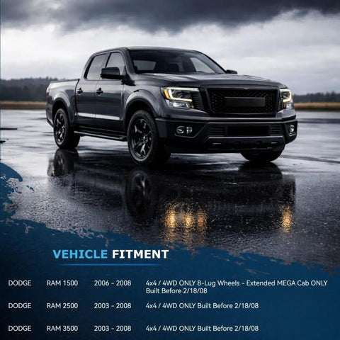 Dodge Ram 4x4 Front 10-Piece Suspension Kit for 03-08 2500 3500 Megacab, Heavy Duty Front End Overhaul With Steering Damper, Tie Rods, Ball Joints, Control Arms, And More For A Rugged Ride. Fitment chart for black Dodge Ram truck on wet pavement