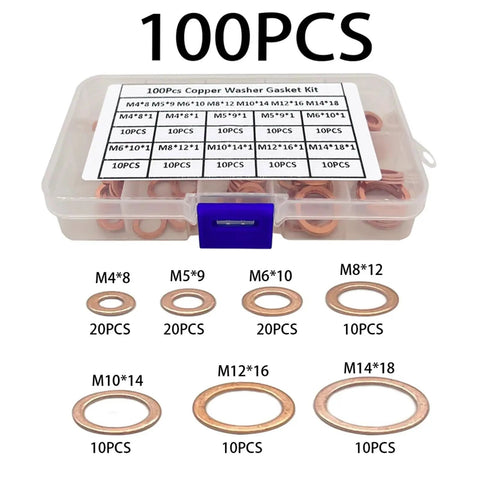 Top Flat Copper Washers 100 Pcs Assortment Kit Heat Resistant Sealing Gaskets For Automotive Sump Plugs Sizes M4 M5 M6 M8 M10 M12 M14 Universal Fit Metal Sealant For Garage Mechs Fix Leaks And Keep Engine Safe With Solid Hold As The Real Deal. 100pcs copper washer kit in plastic case, M4-M14 sizes