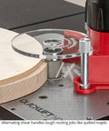 Badass Four Piece Router Bit Set With Alternating Shear Geometry For No Sweat Pattern And Flush Trim Cutting on wood.