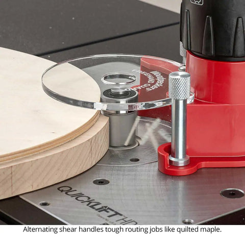 Badass Four Piece Router Bit Set With Alternating Shear Geometry For No Sweat Pattern And Flush Trim Cutting on wood.