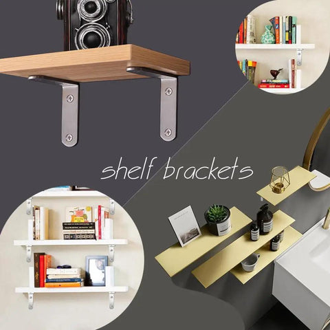 Tough As Nails Six Piece Stainless Steel L Brackets Corner Brace 90 Degree Shelf Support For Wood Projects Heavy Duty Right Angle Connectors With Screws Rust Proof Finish with wooden and white shelves.