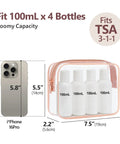 TSA Ready Travel Toiletry Bag Set, Clear Makeup Bags 3 Pack Medium with four 100ml bottles, smooth metal zippers, rose pink trim.