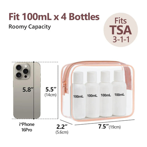 TSA Ready Travel Toiletry Bag Set, Clear Makeup Bags 3 Pack Medium with four 100ml bottles, smooth metal zippers, rose pink trim.