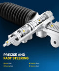 Cutaway view of hydraulic power steering rack and pinion assembly showing internal components for precise input and smooth handling.