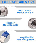 Full view of 1 1/4 Inch NPT Ball Valve With 1000 WOG Rating And Rust Resistant 304 Stainless Steel Body, showcasing NPT thread and long handle.