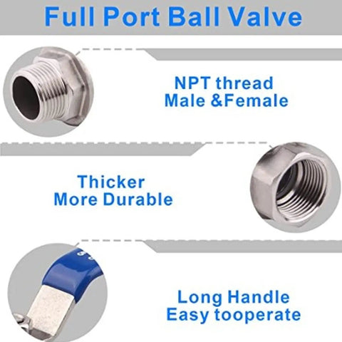 Full view of 1 1/4 Inch NPT Ball Valve With 1000 WOG Rating And Rust Resistant 304 Stainless Steel Body, showcasing NPT thread and long handle.