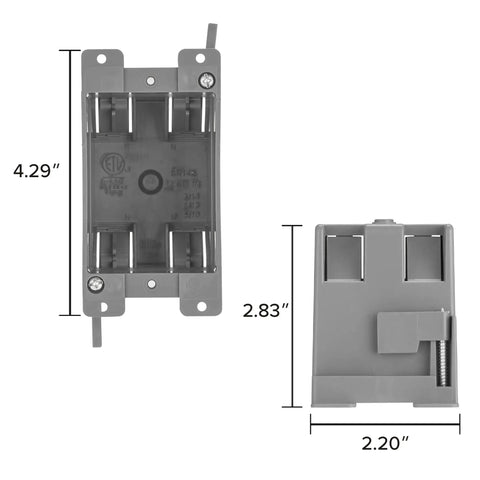 One Gang 14 Cu In PVC Old Construction Electrical Switch And Outlet Junction Box dimensions and ETL label view