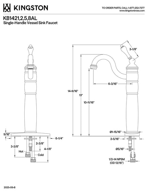 Technical diagram of Heritage Vessel Sink Faucet With 4-Inch Cover Plate, Single Handle, Solid Brass Construction, Chrome Finish, No Pop-Up Drain, 10-Inch Spout Clearance, Classic Bathroom Upgrade, showing dimensions and parts.