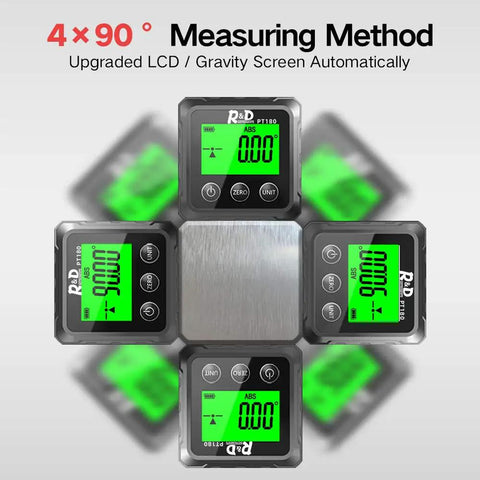 Dope Angle Finder With Magnetic Base PT180 featuring 360 degree display with LCD screen, shown at multiple angles for woodworking.