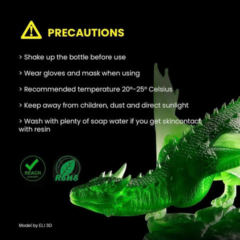 Plant Based 3D Printer Resin With Ultra Low Odor And High Precision 405nm UV Curing For MSLA DLP LCD Printers White 2000g soybean-based resin precautions graphic with printed green dragon model
