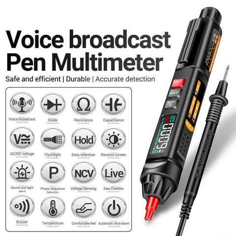 Grab And Go Handy Digital Multimeter Pen With Voice Readouts A3009 displayed with features and detachable probe