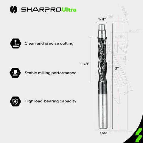 Heavy Duty Compression Spiral Router Bit With 1/4 Inch Shank And Dual Bottom Bearings To Slice Laminate And Plywood Patterns Like Butter For A Straight Shooter Finish, showing dimensions and features.