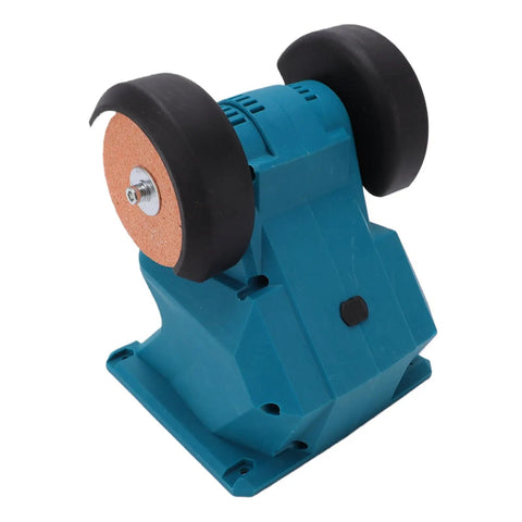 Slick Mini Bench Grinder With Dual Wheels Cordless Design Accepts 18V Batteries For Sharpening Deburring And Polishing Jobs, blue body with dual wheels