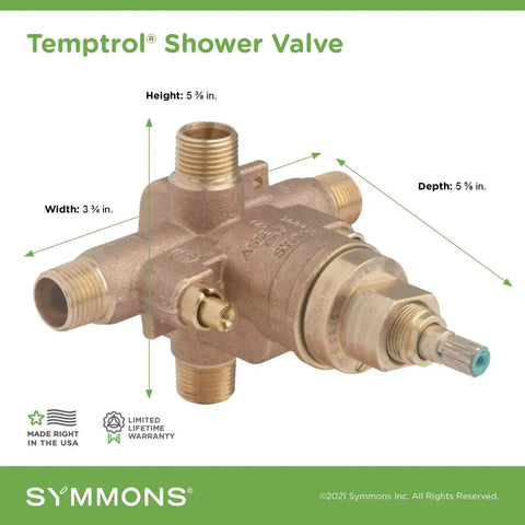Temptrol Brass Pressure Balancing Tub And Shower Valve With Built In Service Stops For Smooth Water Control One Half Inch NPT Universal Connections Direct Sweat Inlets Outlets Brass Body with dimensions