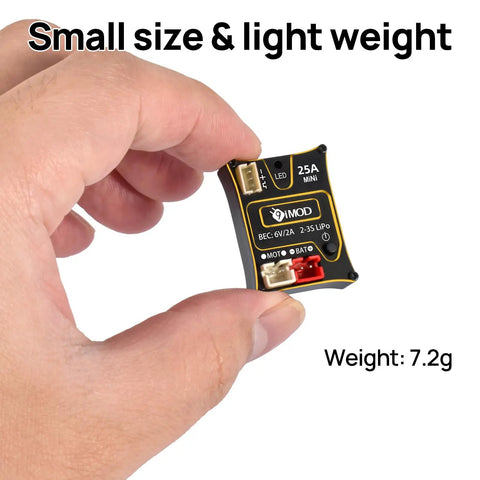 Hand holding Beefy 25A Waterproof Micro Brushed ESC for SCX24 1x24 and TRX4M 1x18 RC Crawlers, showcasing compact size.
