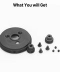 48P 86T spur gear set with 19T and 21T pinions for 1/10 RC cars, components shown, upgrade for Traxxas Slash, Rustler, Stampede