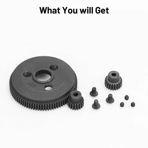 48P 86T spur gear set with 19T and 21T pinions for 1/10 RC cars, components shown, upgrade for Traxxas Slash, Rustler, Stampede