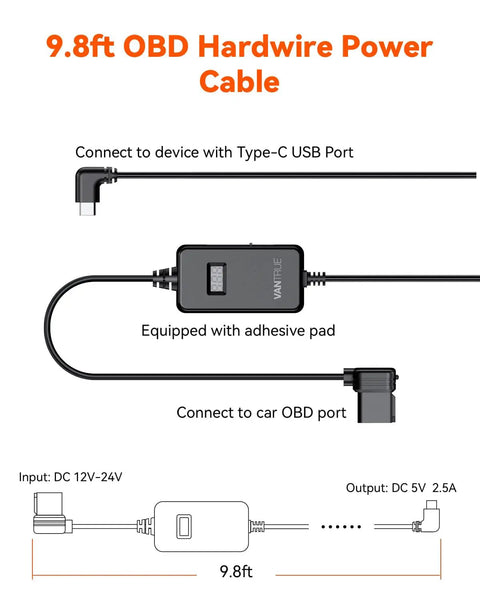 Diagram of OBD Hardwire Power Cable With LED Screen, 9.8ft USB C, connecting to car OBD port and USB-C device.