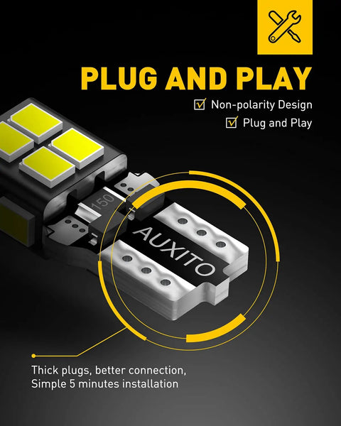 Close-up of plug-and-play 194 LED Bulbs 6000K White 14-SMD W5W T10 with non-polarity design for easy car light replacement.