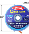 Front view of Desoldering Solder Wick Braided Copper Wire For PCB Boards 2.0mm By 1.5m R300 2 Pack spool with specifications