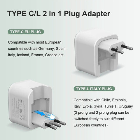 All In One Universal Travel Adapter With USB C And USB A Ports, Worldwide Compatibility For USA, Europe, UK, Australia And Over 150 Countries, Compact 4 Port Fast Charging Travel Charger showing Type-C and Type-L plugs.