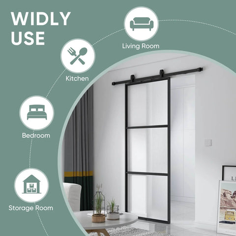 Glass Barn Door 36x84 Reeded Glass With Carbon Steel Pre Drilled Frame Sliding Door Panel Includes 6 Ft Hardware Kit