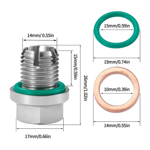 No Drill Oil Drain Plug Repair Kit M12x1.25 For Japanese Cars With Stainless Steel Bolt And Gasket Self Tapping Thread Fix For Stripped Holes, dimensions shown