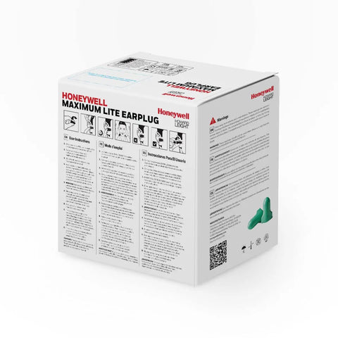 Box of Honeywell Maximum Lite Earplug product, showing instructions and green foam earplugs suitable for small ears, hygiene-focused use.