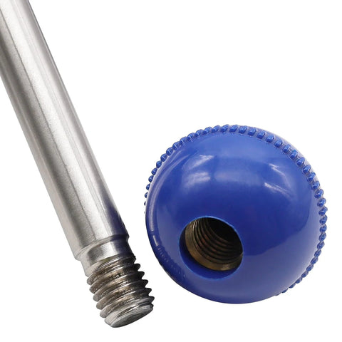 Close-up of blue 1.5-inch sanitary butterfly valve with stainless steel stem and threaded hole