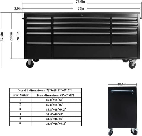 Beefy 72 Inch Rolling Tool Chest On Wheels With 15 Drawers, Mobile Tool Cabinet With Locking System, 18 Inch Deep Wood Top