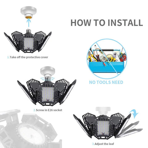 Ultra Bright 150W LED Garage Light With Five Adjustable Panels 6500K Daylight 15000 Lumens E26 E27 Socket Install Guide