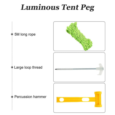 Glow In The Dark Spiral Tent Pegs 10 Pack Steel Stakes With Hammer 5m Rope And Carry Bag Windproof Ground Anchors components