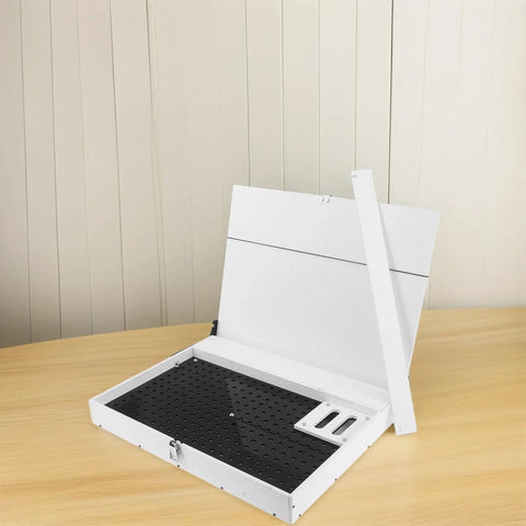 Robust White PVC And Acrylic Model Tool Storage Rack Featuring Multi Compartment Design For Diy Hobbyists open on a desk with a black pegboard surface.