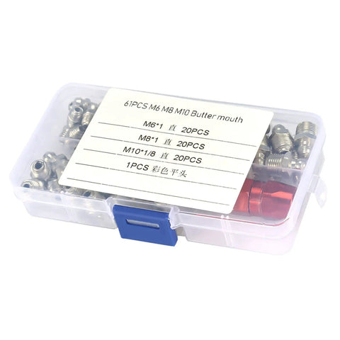 Plastic case with 60 metal grease fittings from Metal Grease Fitting Kit Pack Of Replacement Nipples For Mechanical Lubrication Systems Built Tough