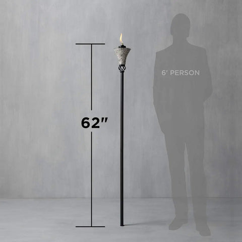 Easy Pour Mosaic Torch For Outdoor Vibes, Gray Ceramic Tile Torch With Weather Resistant Steel, 62 Inch Tall, next to 6' person silhouette.