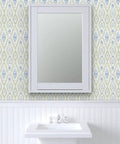Next Level Ikat Stripes Faux Vinyl Wallpaper With Durable Subtle Leather Grain Finish Engineered For Bustling Commercial Spaces And Custom Sized To Fit Your Walls Built Tough For Years on a bathroom wall with a mirror and sink.