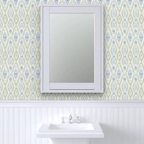 Straight Up Heavy Duty Ikat Stripes Wallpaper With Faux Pvc Free Matte Linen Texture, styled in a bathroom with a white sink and mirror.