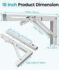 Solid 10 Inch Collapsible Shelf Brackets Built Tough With Brushed Stainless Steel Wall Mount Hinge For Bench Table Space Saving DIY Setup White 2 Pack Holds 150 Lbs Like A Champ dimensions diagram
