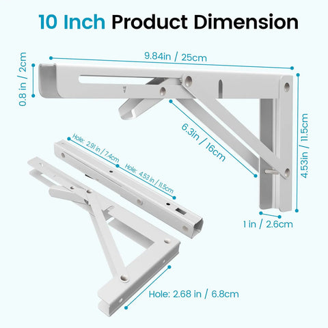 Solid 10 Inch Collapsible Shelf Brackets Built Tough With Brushed Stainless Steel Wall Mount Hinge For Bench Table Space Saving DIY Setup White 2 Pack Holds 150 Lbs Like A Champ dimensions diagram