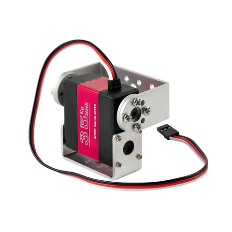 Heavy Duty Dual Shaft Digital Servo Featuring Killer Thirty Five Kilogram Rock Solid Torque And Slick Metal Gears For Full Two Seventy Sweep In Rc Cars Robots side view with metal casing and wires