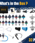 Universal 28 Piece Radiator Pressure Tester Kit And Coolant Vacuum Refill Set With Precise Thermometer Auto Shop Grade Cooling Diagnostic Tool For No Stress Leak Detection Smooth Coolant Flushing And Zero Sweat Garage Diagnostics, showcasing all 28 pieces including various caps and tools.
