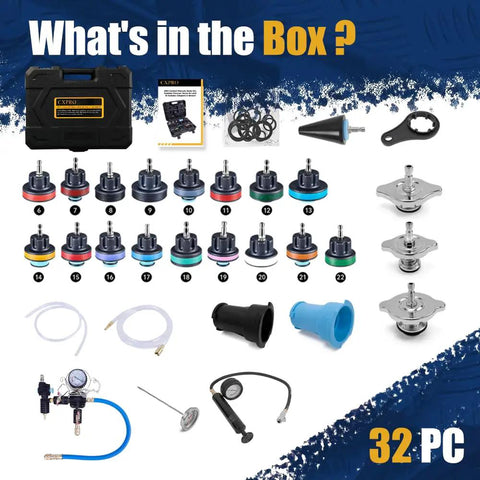Universal 28 Piece Radiator Pressure Tester Kit And Coolant Vacuum Refill Set With Precise Thermometer Auto Shop Grade Cooling Diagnostic Tool For No Stress Leak Detection Smooth Coolant Flushing And Zero Sweat Garage Diagnostics, showcasing all 28 pieces including various caps and tools.